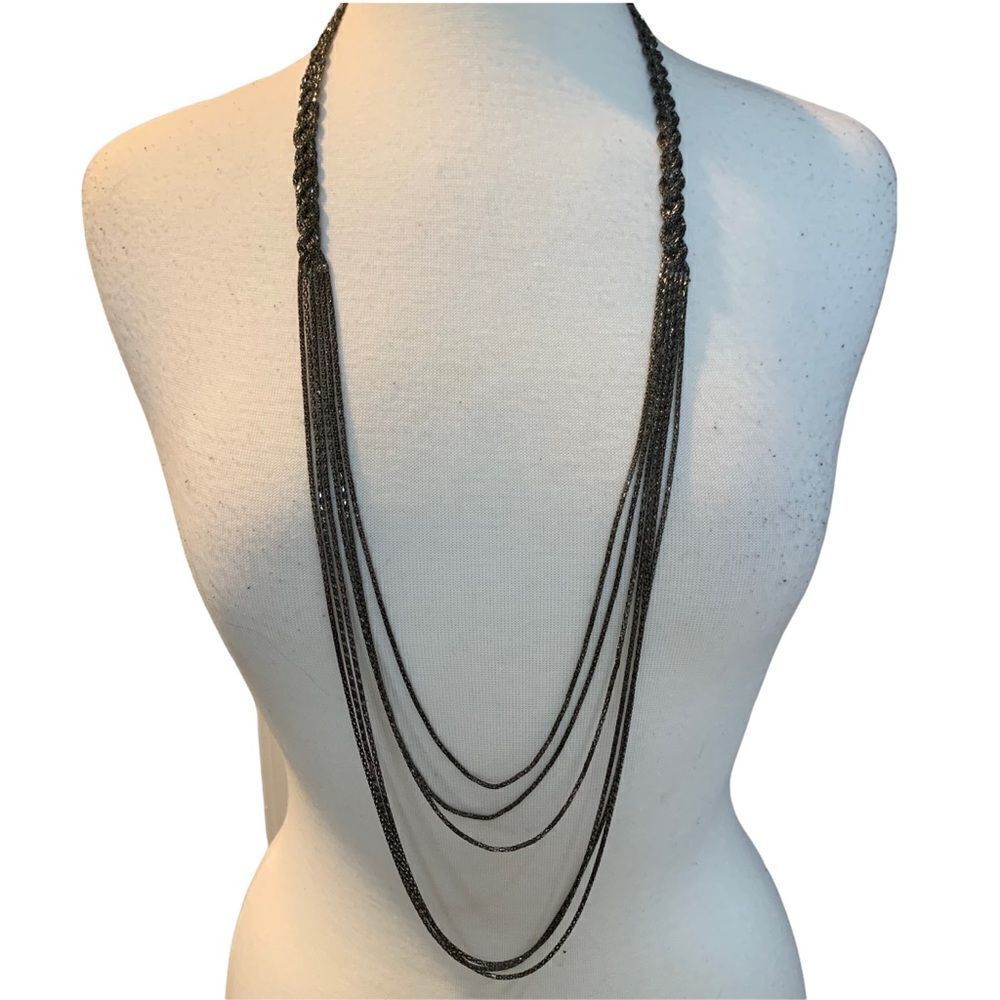 Dark Brown Sparkly Braided 6 Layered Chain Necklace - Picture 1 of 5